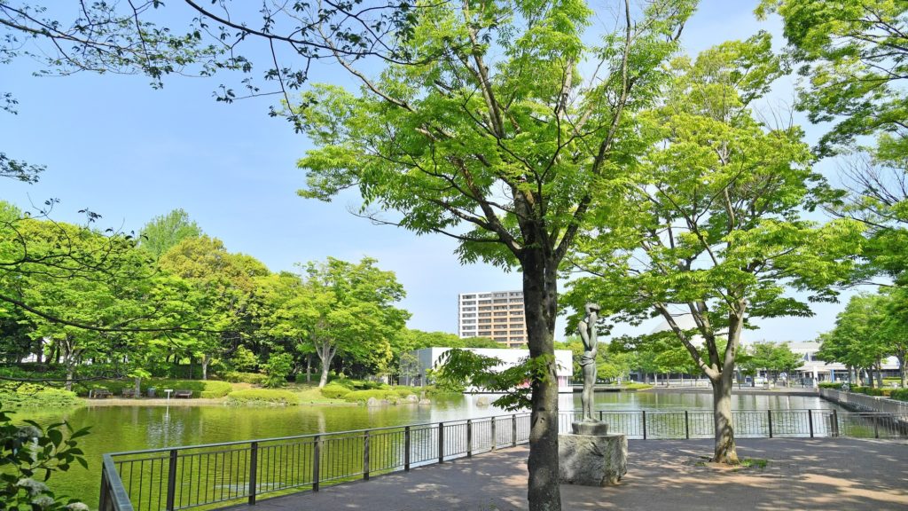 つくば市中央公園にある池とたくさんの緑