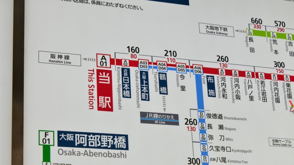 難波が始発駅になっている路線図